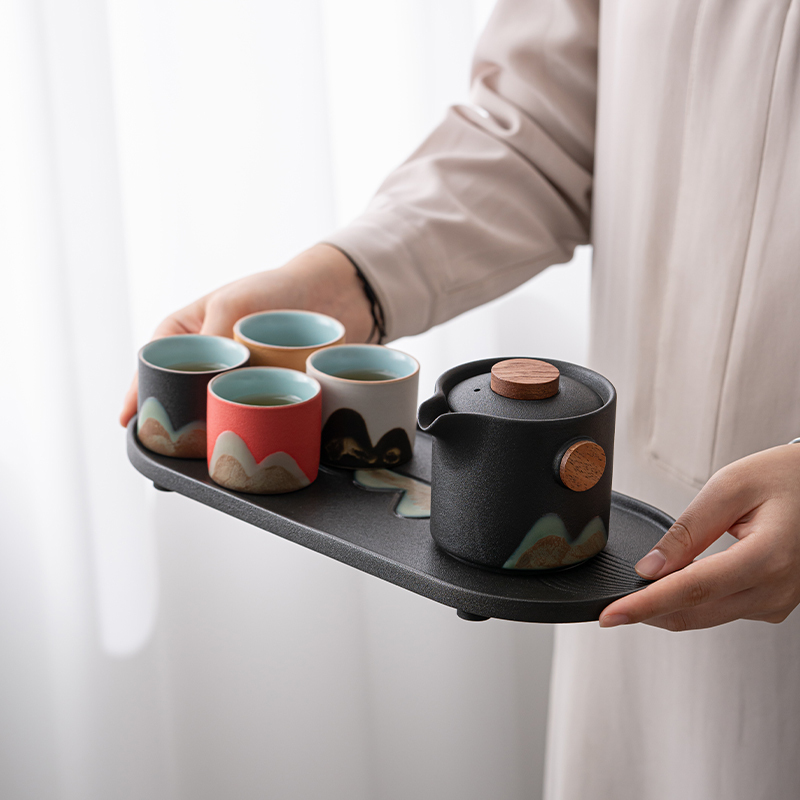 苏氏陶瓷(SUSHI CERAMICS)手绘釉画彩千里江山四色杯云舒壶套装干泡盘禅黑文创伴手礼套组