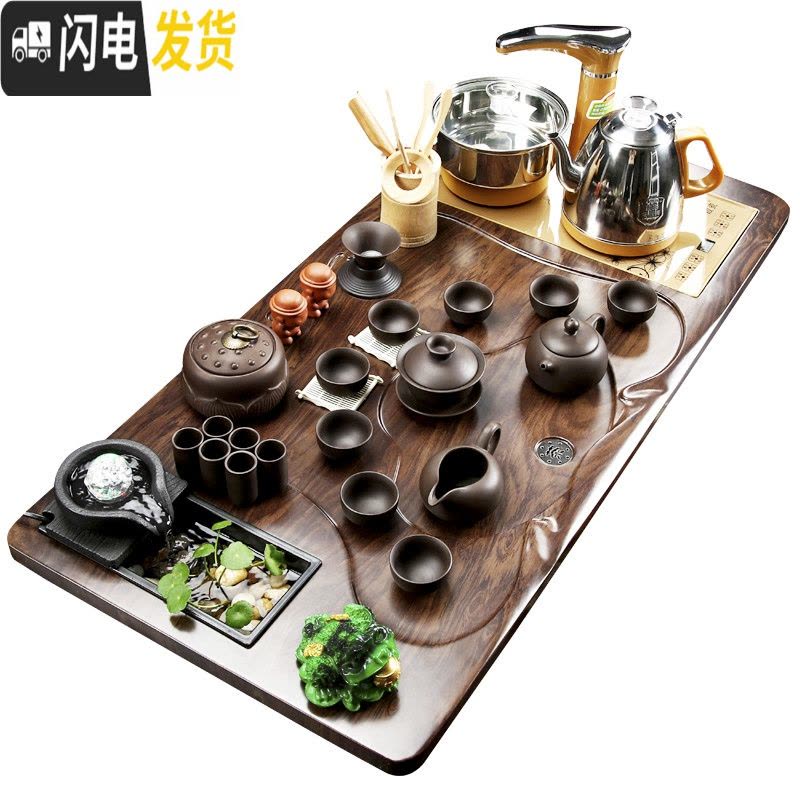 三维工匠整套功夫茶具套装家用简约全自动电磁炉整块一体实木茶盘茶台茶海 24立体佛绿冰裂+茶叶罐 40件图片
