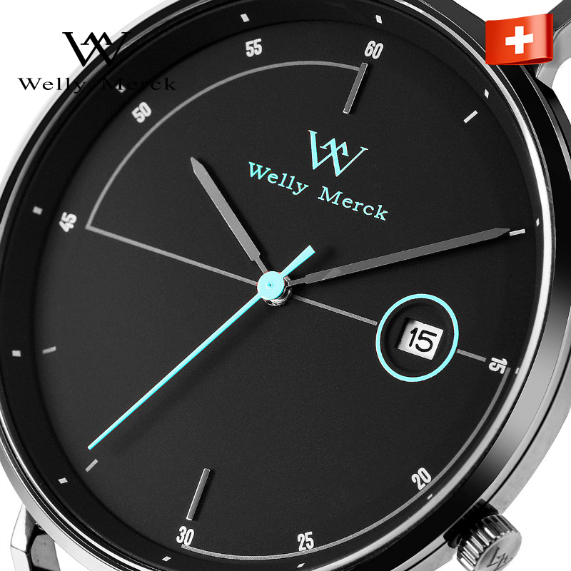wellymerckc时尚潮流超薄夜光防水石英男表黑壳黑面黑皮带wm004ml1bbl