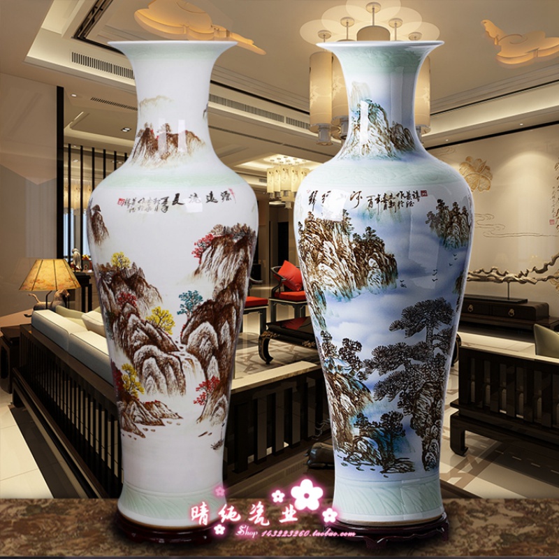 景德镇陶瓷落地花瓶 墨彩山水画手绘瓷瓶客厅装饰品摆件 三维工匠 山水C款1.2米高清大图