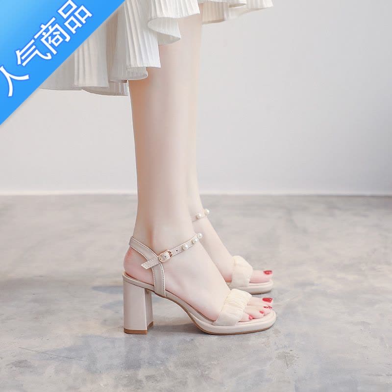 SUNTEK超高跟凉鞋女2023新款夏季防水台小个子粗跟一字带绝美时装配裙鞋图片