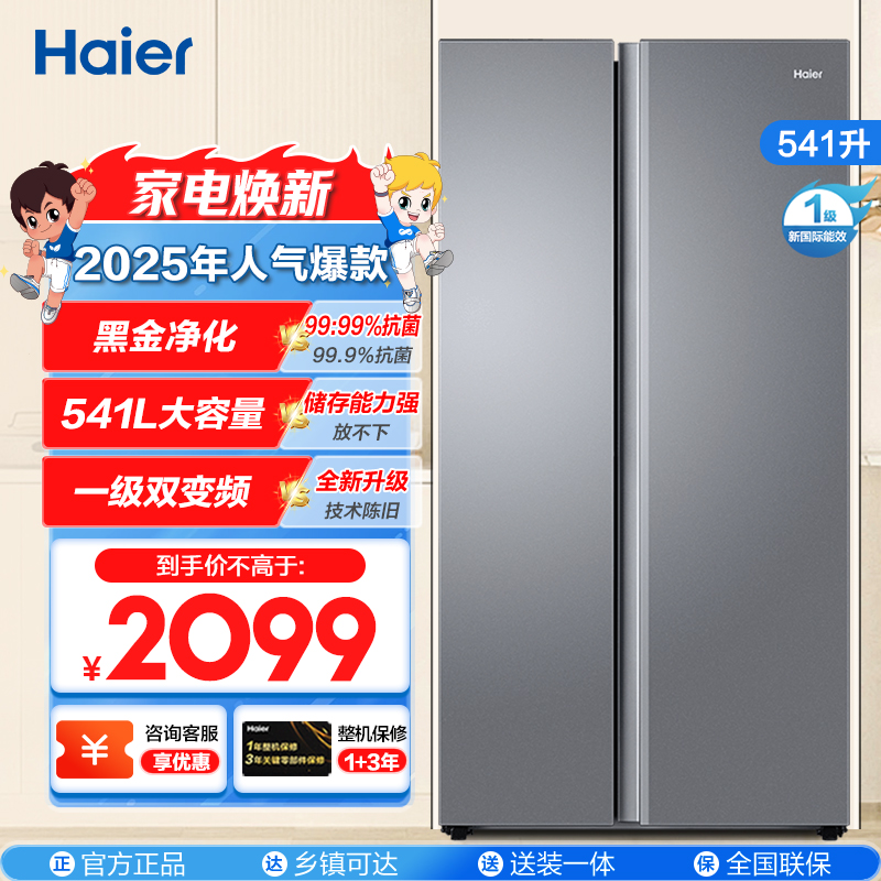 海尔(Haier)541升对开门双开门 一级变频节能 风冷无霜大容量嵌入式家用冰箱BCD-541WGHSSEDG7