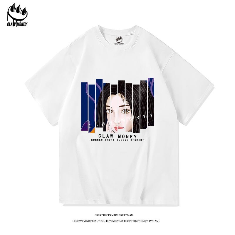 Clawmoney潮流宽松体恤夏季薄款内搭短袖T恤男士休闲印花五分袖潮