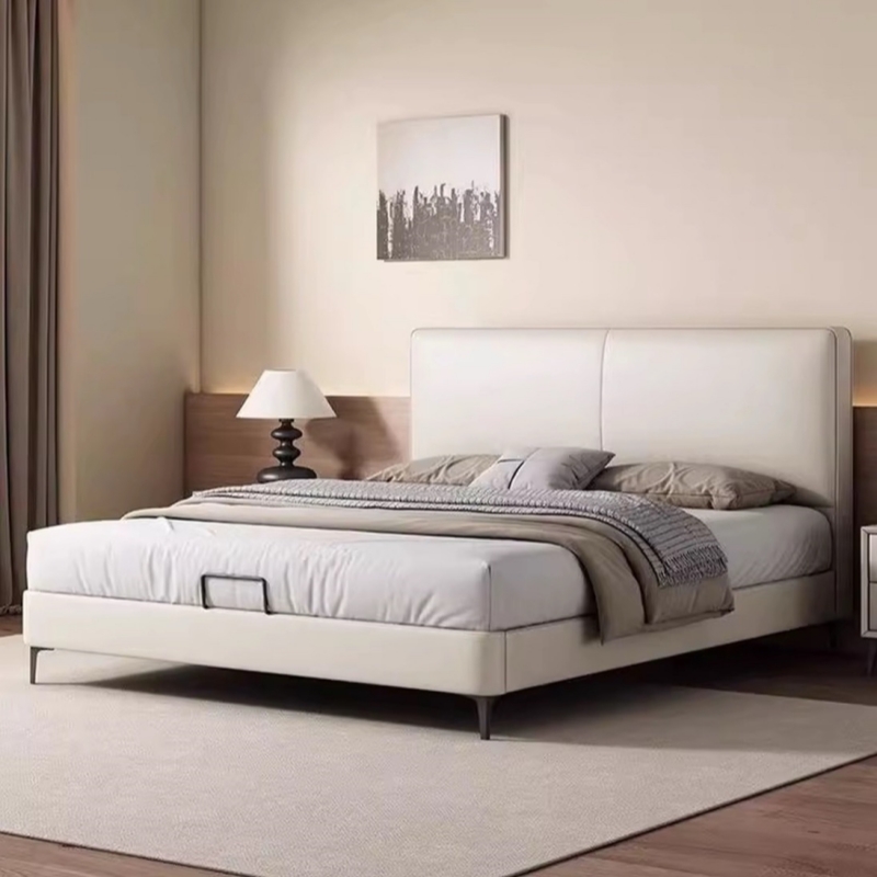 头层牛皮床主卧次卧双人大床实木真皮极简婚床高清大图