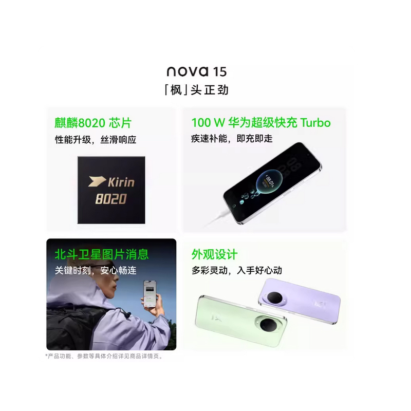 华为nova15 512GB 带感绿 麒麟8020芯 多焦段红枫影像 100W快充 6000大电池 北斗卫星图片消息 防尘防水 双卡鸿蒙AI NFC 红外遥控手机高清大图