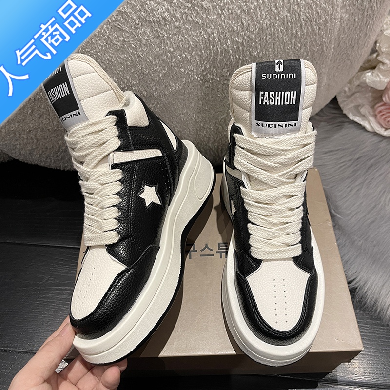 SUNTEK高帮鞋女小众2023春季厚底小白老爹鞋ins休闲百搭运动板鞋 35 黑色单内里