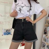 春季2021新款复古港味性感包臀高腰显瘦毛边牛仔短裤热裤女装裤子 黑色 S