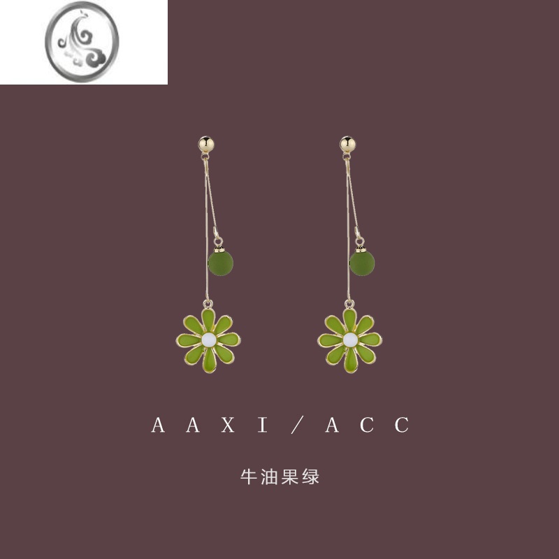 JiMi夏季多巴胺牛油果绿雏菊长款耳环2023年新款无耳洞耳夹显脸瘦耳钉