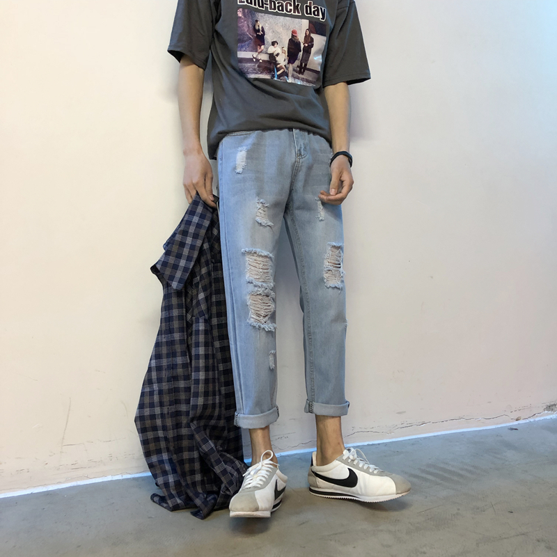 18牛仔裤男士青少年潮韩版牛仔裤学生破洞裤修身乞丐小脚九分裤子