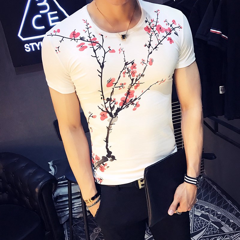 夏装男士短袖T恤印花圆领打底衫时尚上衣服韩版修身男装半袖体恤