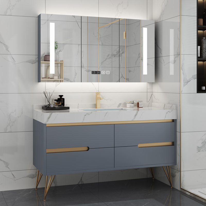 岩板洗手双盆浴室柜组合智能镜北欧轻奢现代简约卫生间洗脸洗漱台100
