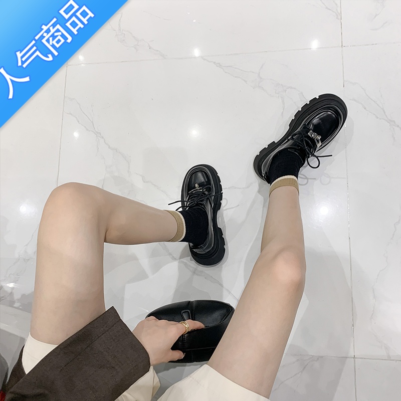 SUNTEK锁扣厚底乐福鞋女2023新款休闲松糕单鞋圆头系带英伦风小皮鞋高清大图