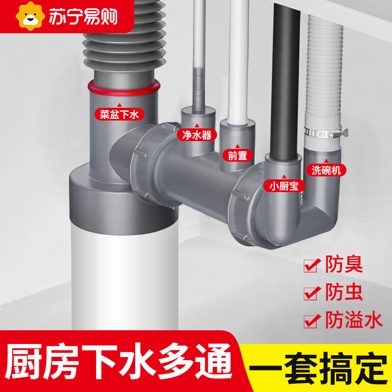 厨房下水管三通防臭神器水槽净水器洗碗机排水管75多功能接头下水管+净水器+前置过滤器(三通排水接头)高清大图