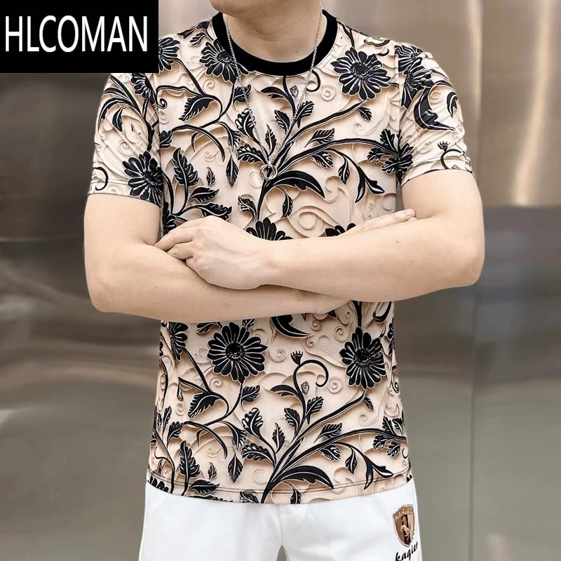 HLCOMAN欧洲站男士夏季短袖冰丝T恤时尚休闲个性印花潮牌帅气透气上衣薄