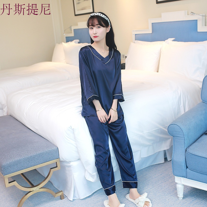真丝睡衣女夏两件套分体冰丝睡衣女春秋韩版长袖甜美可爱性感薄款