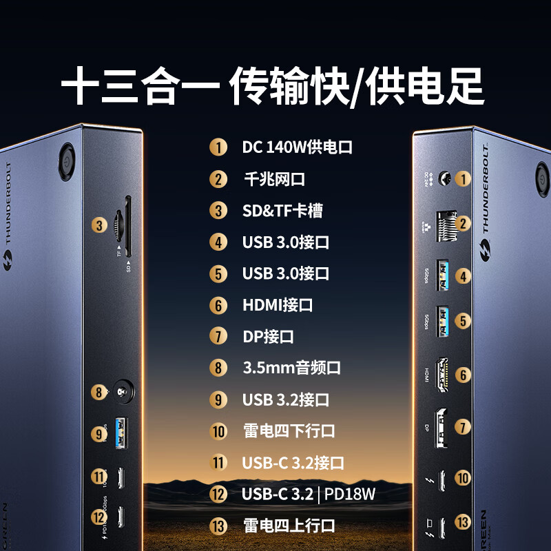 绿联雷电4扩展坞 U709-深空灰/0.7m Thunderbolt·DP_HDMI雷雳4外接三屏桌面坞站多屏8K拓展
