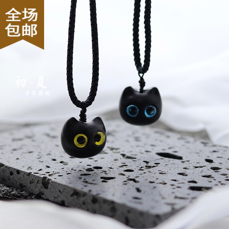 chunmi黑檀木猫项链幸运猫咪吊坠新长款情侣闺蜜百搭毛衣链男女配饰