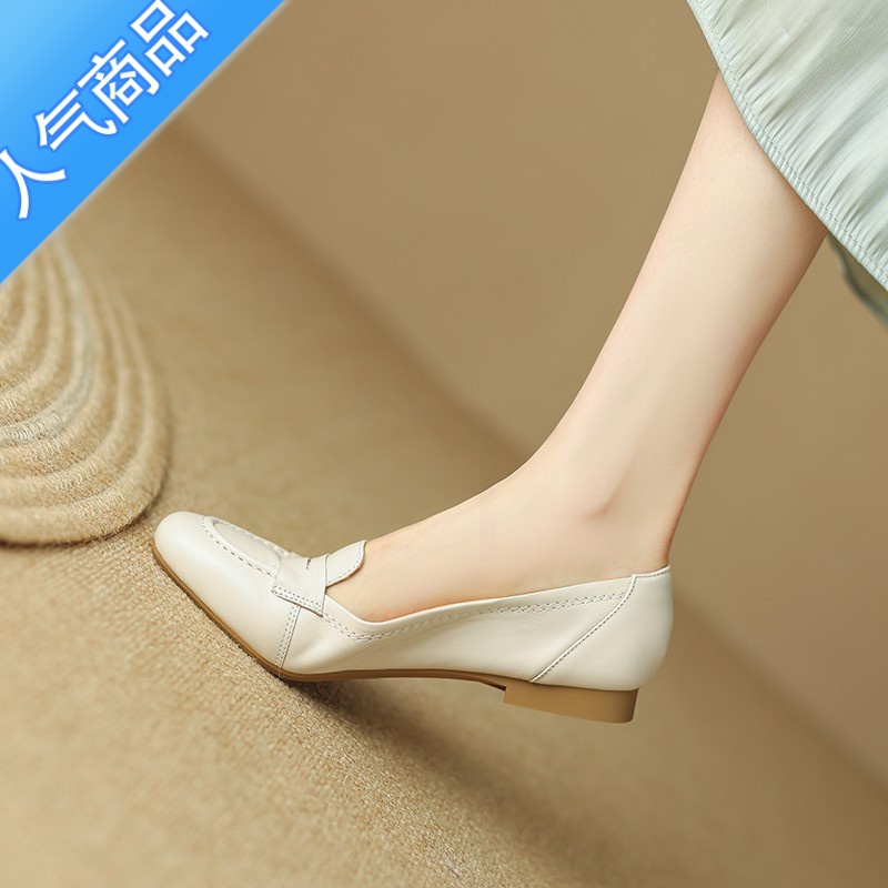 SUNTEK复古软皮豆豆鞋平底2023夏季浅口乐福鞋一脚蹬软底粗跟单鞋鞋高清大图