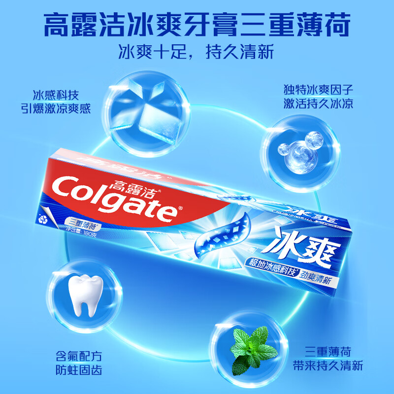 高露洁(Colgate)三重冰爽薄荷牙膏120g 清新口气去牙渍含冰爽因子薄荷牙膏家庭装 120g*1支