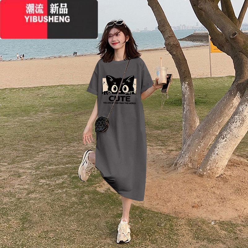 YIBUSHENG大码短袖连衣裙女季胖mm加肥宽松过膝T恤裙舒适半袖长款裙高清大图
