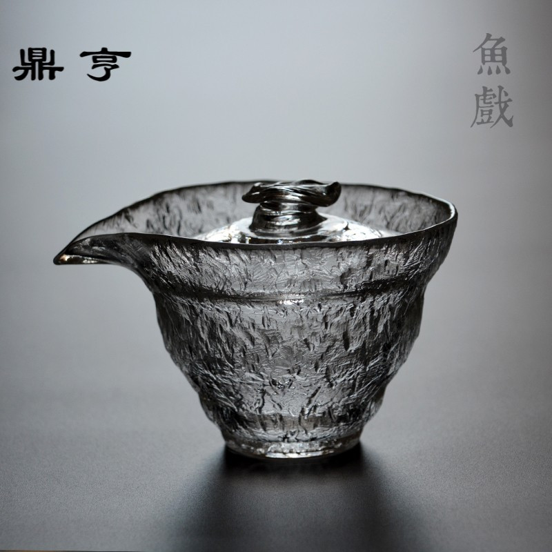 鼎亨初雪手工日式锤纹加厚耐热玻璃三才盖碗泡茶器手抓壶功夫茶具