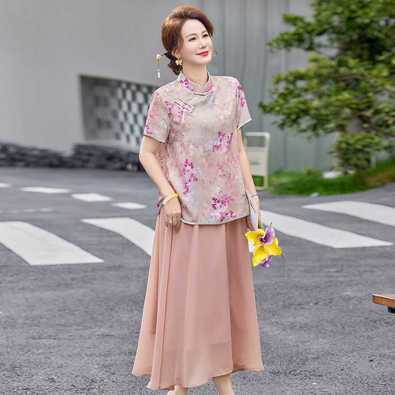 纤孜雅 中年妈妈夏装假两件减龄连衣裙新款中老年女遮肚显瘦短袖裙子高清大图