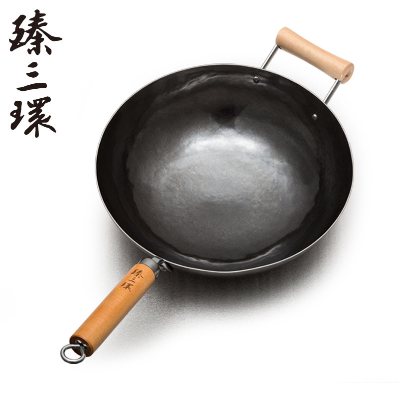 臻三环章丘铁锅无涂层不粘锅传统手打铁锅炒菜锅老式带耳炒菜锅家用 轻音加锅耳 古法原色34cm