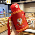 三维工匠圣诞节新年送礼麋鹿保温杯女儿童超可爱卡通带杯套水杯子防漏便携 【帆布杯套】红色双盖