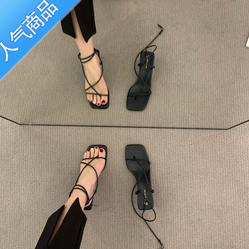 SUNTEK高跟小众绑带黑色凉鞋仙女鞋子2023年新款夏季细跟中跟法式罗马鞋高清大图