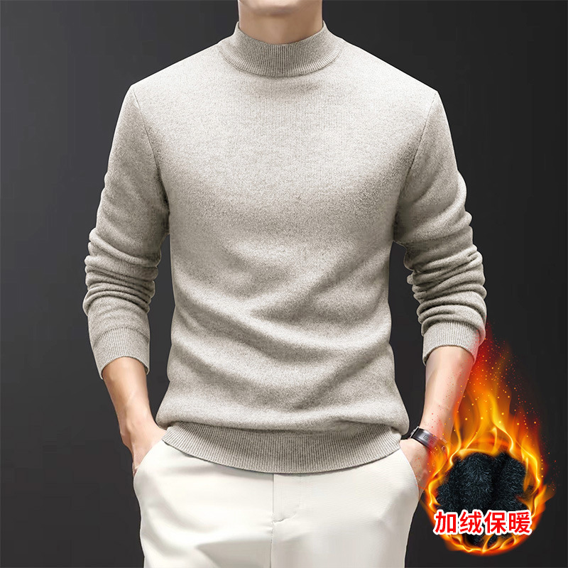 羊毛衫男士一体绒2024秋冬季新款半高领加绒轻奢毛衣男高清大图