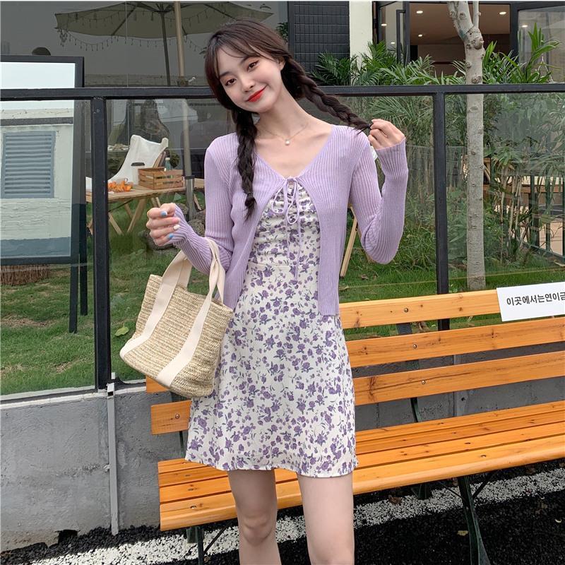 紫色碎花裙2021新款女装连衣裙夏季甜辣妹风小个子温柔风吊带裙子 黄色开衫 均码