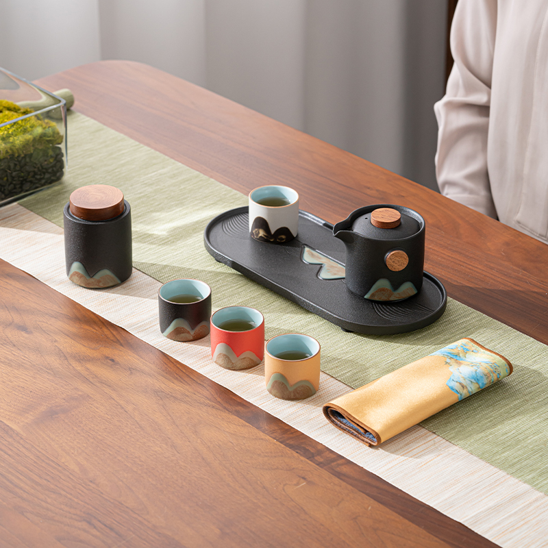 苏氏陶瓷(SUSHI CERAMICS)手绘釉画彩千里江山四色杯云舒壶套装干泡盘禅黑文创伴手礼套组