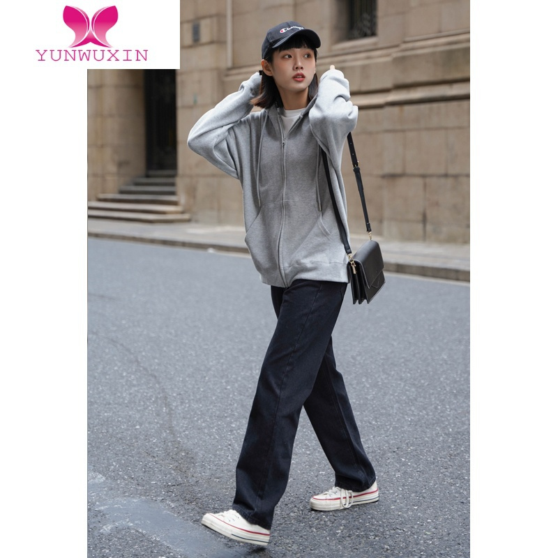 YUNWUXIN小诺定制卫衣女灰色外套2022年新款连帽加绒加厚宽松冬小个子
