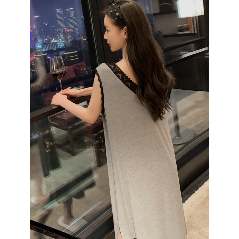 YUNWUXIN莫代尔睡裙女夏季性感薄款蕾丝无袖露背睡衣夏天背心睡裙女吊带裙睡衣