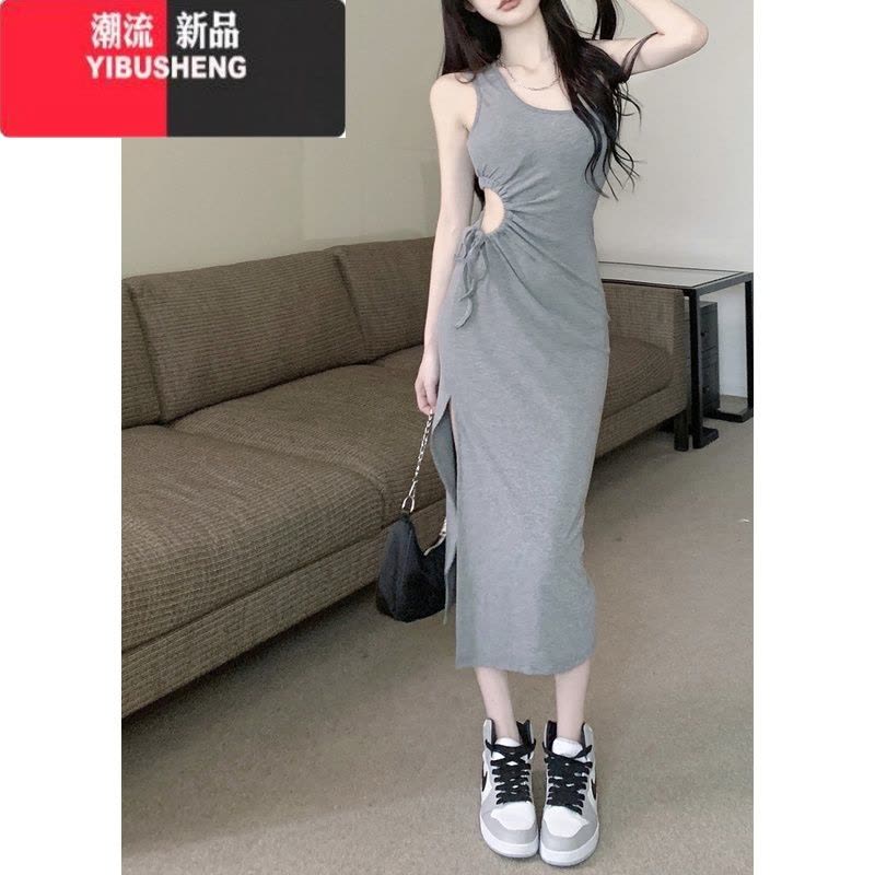 YIBUSHENG斜肩吊带连衣裙女季不规则开叉包臀裙纯欲辣妹性感别致收腰裙子图片