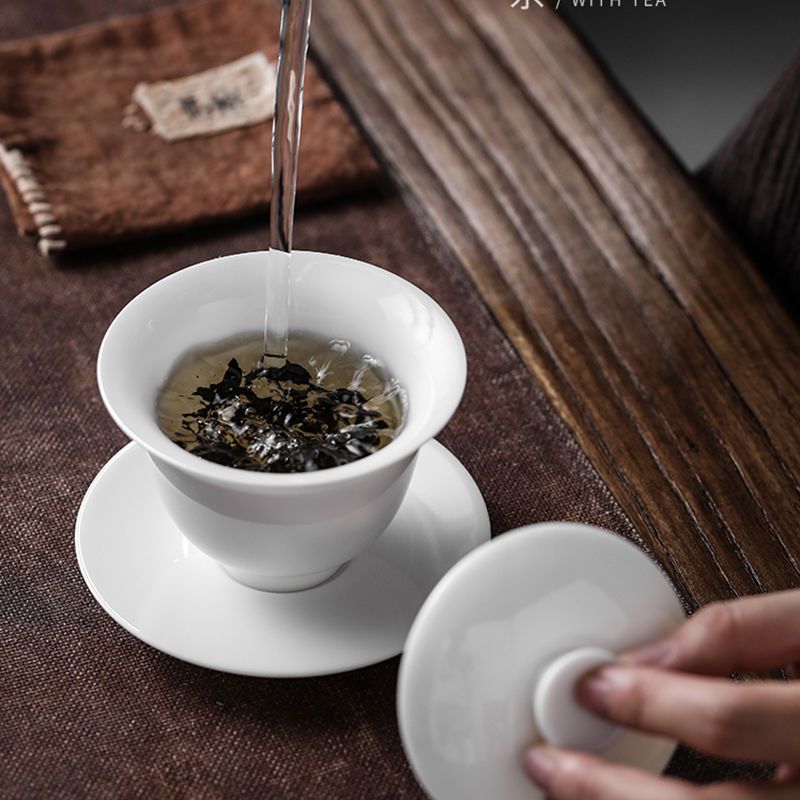 厂家直销羊脂玉瓷三才盖碗茶具套装家用整套陶瓷功夫茶具德化白瓷 玉瓷盖碗玻璃公杯套组(安全包装)