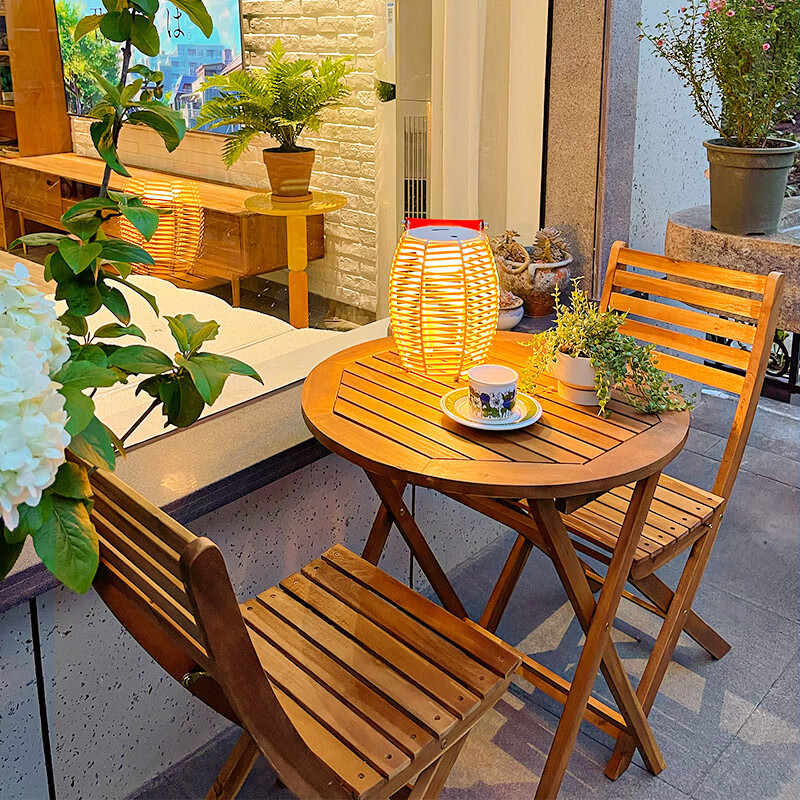 紫叶阳台小桌椅实木组合折叠简约休闲户外庭院防腐茶几三件套木桌高清大图