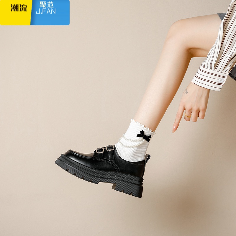 聚范英伦风小皮鞋女2024年新款松糕厚底增高黑色单鞋乐福鞋子高清大图