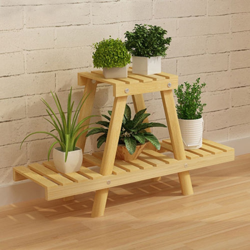 木制阳台花架实木客厅盆景架子木头花架子木质俩层地面组装落地式收纳