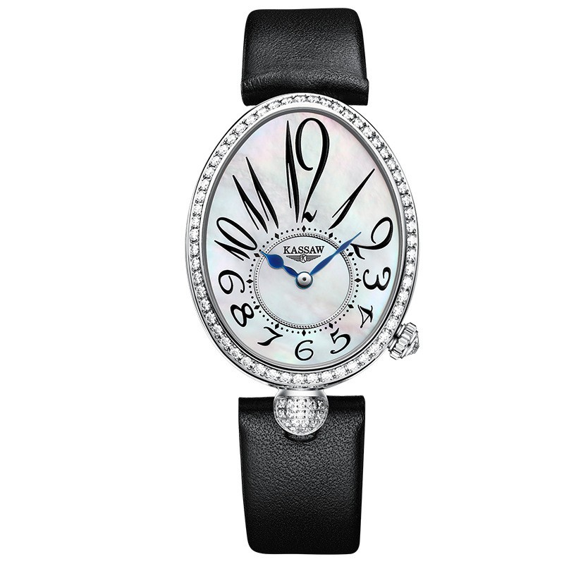 卡梭(KASSAW)手表女士锆钻那不勒斯皇后自动机械表女数字防水皮带时尚潮流女表ins风K825L 雅致白