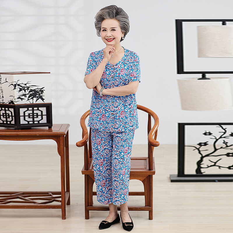 中老年棉绸睡衣女夏天短袖两件套奶奶棉加居服老年人人造棉套装