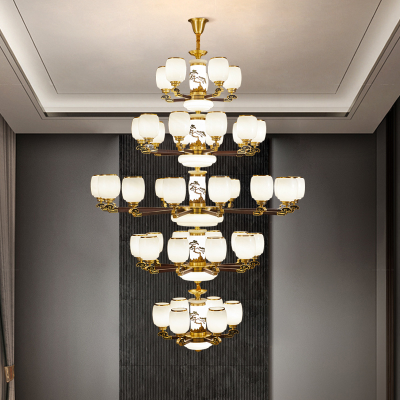 新中式全铜红木大吊灯轻奢大气客厅别墅复式楼中空大厅餐厅灯具