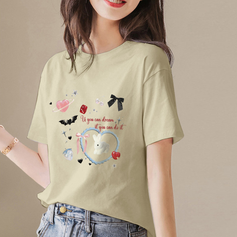 [2.5折价58元]唐狮夏季女圆领前胸图案短袖T恤百搭简约减龄时尚韩系