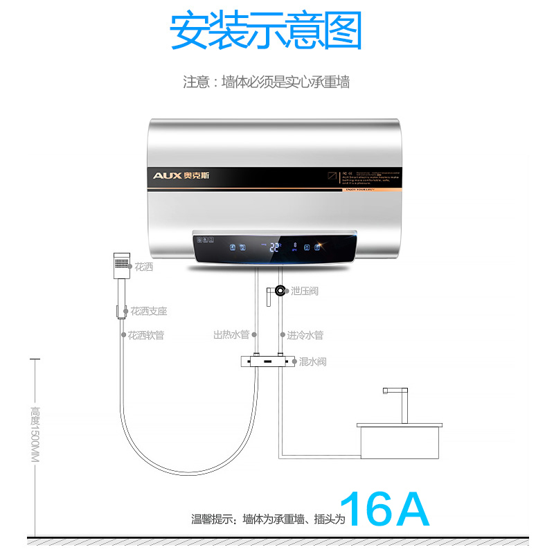 奥克斯(AUX)SMS-60DB01电热水器 60升扁桶出水断电免拆排污储水式热水器双胆速热家用2级能效3000W带安装