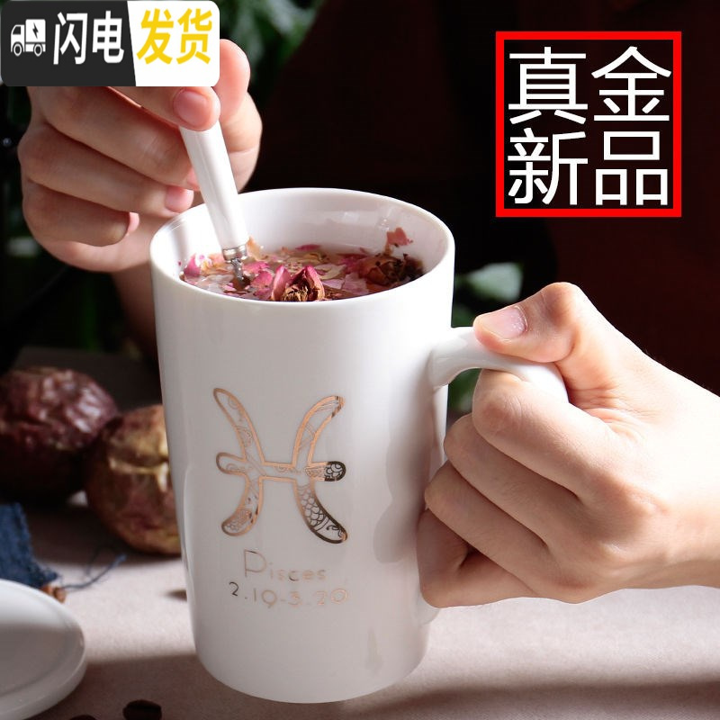 三维工匠星座马克杯陶瓷水杯带盖带勺韩版女学生大容量家用咖啡牛奶杯礼品 干杯款陶瓷勺子+盖子咖啡器具