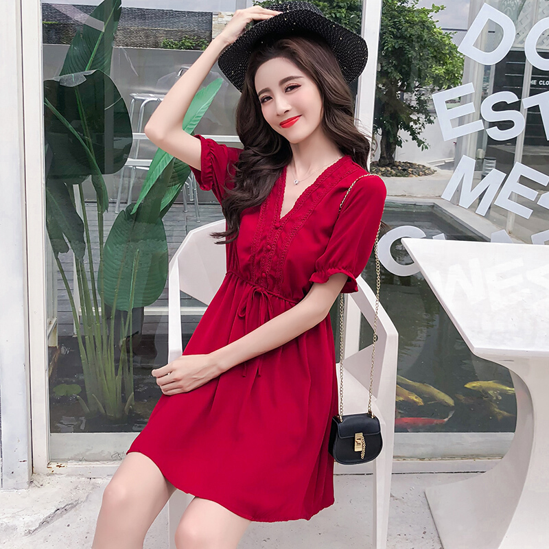 复古小红裙高腰赫本收腰chic连衣裙女夏2018新款20-25岁夏季裙子酒