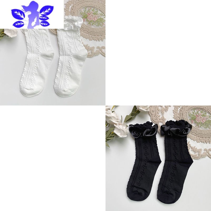 Ideamini 洛丽塔少女缎面花边泡泡口短袜百搭可爱爱心花朵jk中筒袜堆堆袜袜子