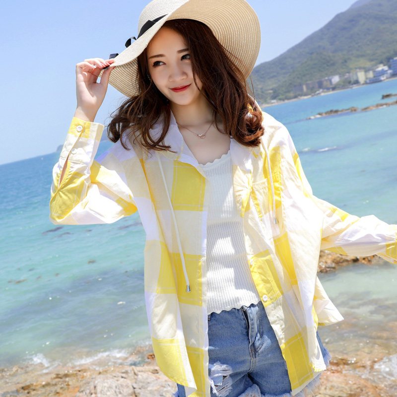 2018夏季新款防晒衣女韩版防晒服中长款开衫格子衬衫百搭薄外套潮
