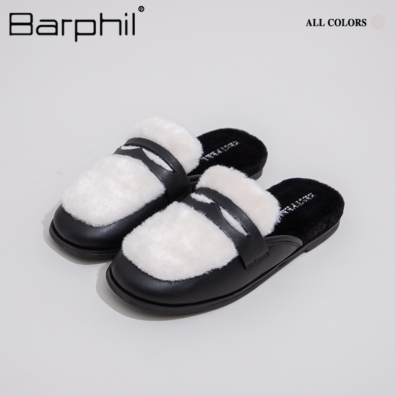 Barphil外穿半拖鞋2023冬季新款加绒保暖懒人一脚蹬棉鞋小皮鞋女