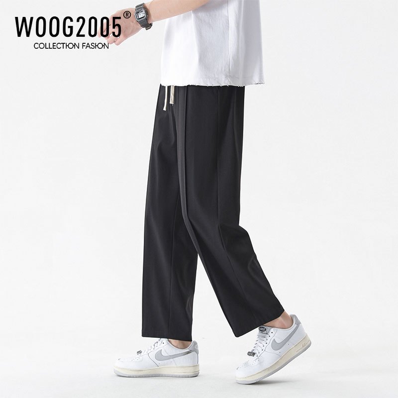 WOOG2005卡其色冰丝裤子男夏季薄款垂感西装裤日系复古直筒九分裤